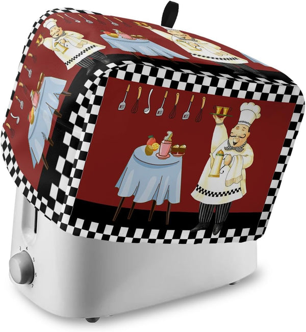 Farmhouse Cartoon Fat Chef Toaster Cover 2 Slice, Retro Black White Plaid Design with Loop for Dust Protection