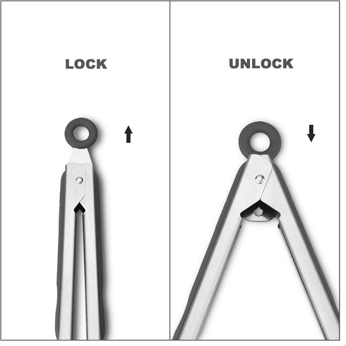 304 Stainless Steel Kitchen Cooking Tongs Set of 2, 9" and 12" Grilling Barbeque Locking Food Tongs, Grey