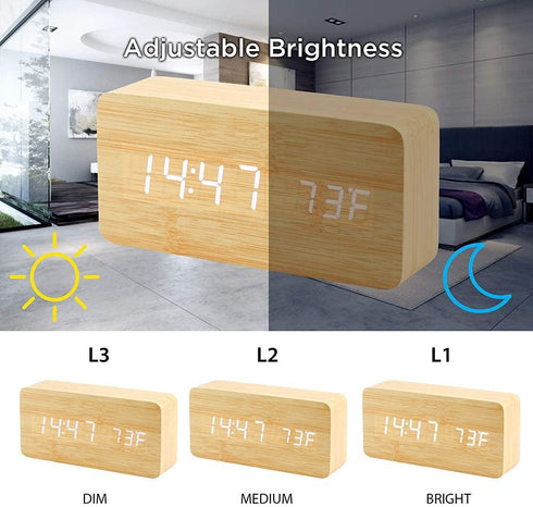 OCT17 Wooden Digital Alarm Clock - Multi-Function LED with USB Power Supply, Voice Control, Timer