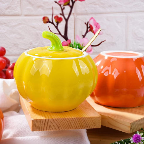 Pumpkin Shape Ceramic Sugar Bowl with Lid and Spoon, Elegant Design for Home and Kitchen, Yellow, 10.5 OZ