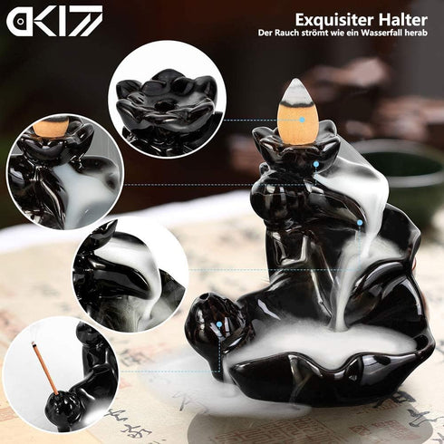 DK177 Waterfall Incense Holder, Backflow Cone Ceramic Burner with 20 Free Cones