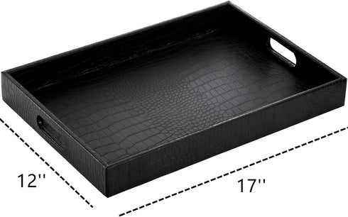 17x12 Inch Lyellfe Black Serving Tray with Handles, Decorative Ottoman Tray in Alligator Faux Leather, Rectangular