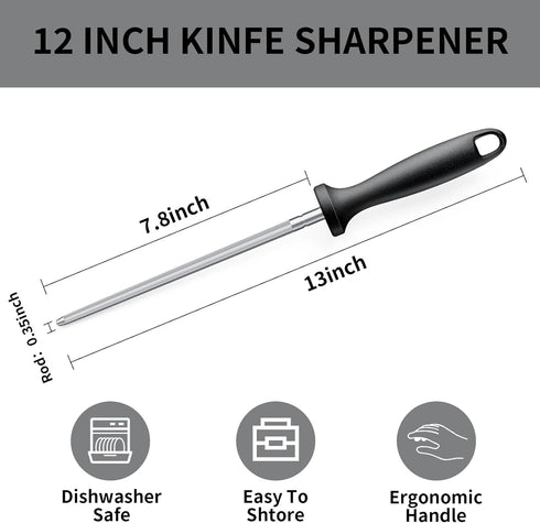 Kitchen Knife Sharpener Rod, 13 inch Carbon Steel Professional Honing Rod with Hanging Holes