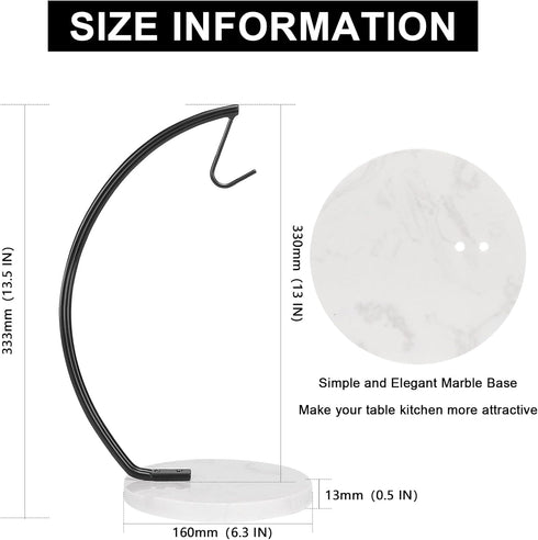 Banana Holder with Marble Base, Metal Banana Hanger Modern Tree Stand with Hook, Stylish Banana Keeper Fresh Fruit Storage Organizer Freestanding for Kitchen Countertop (Black, Single Hook)