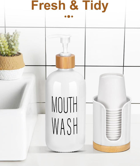 3 oz Pump Mouthwash Dispenser with Bathroom Cup Holder, Glass Mouthwash Container, Mouth Wash Bottle Decanter, Small PC