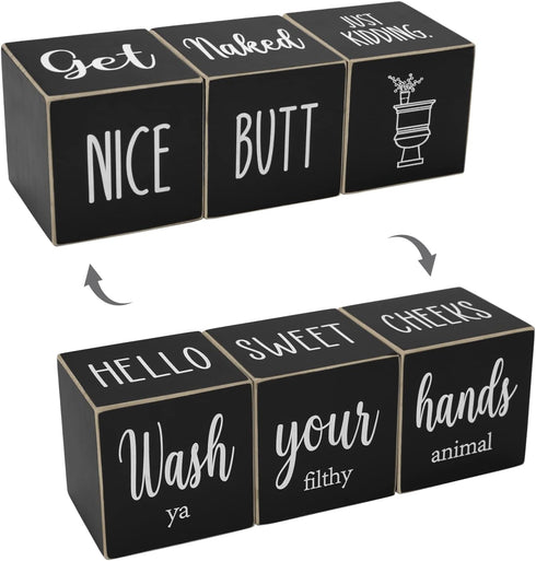 Farmhouse Bathroom Decor, Cute Funny Wooden Signs for Shelf, Rustic Black Bathroom Decor, 4 Sides