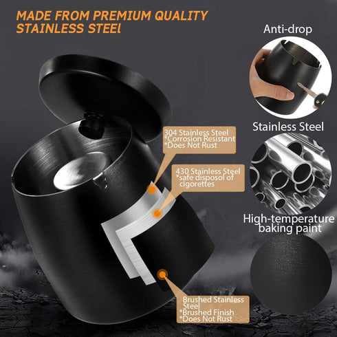 Large Outdoor Cigarette Ashtray with Lid, Smokeless Stainless Steel Ash Trays, Covered Windproof Smell Proof Ashtrays