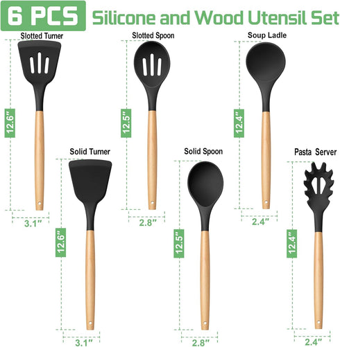 TeamFar Silicone Kitchen Utensils Set, 6 Piece Set with Wooden Handles for Non-stick Cookware