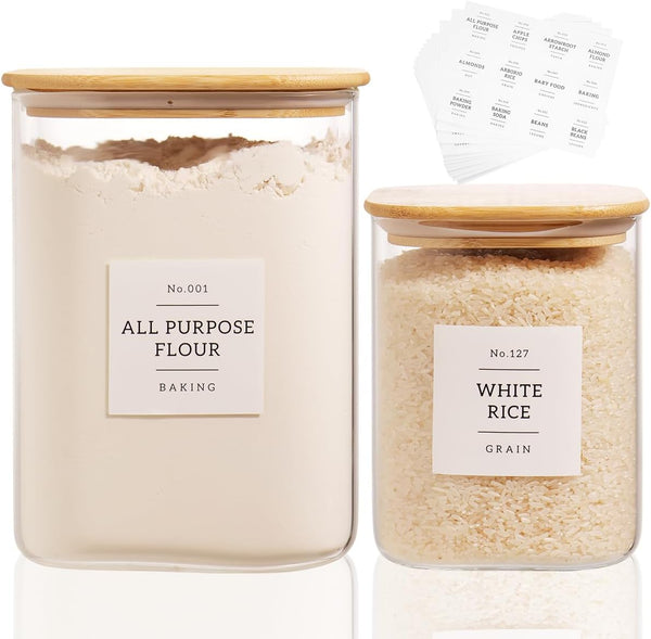 2 Pack large Square Glass Flour and Sugar Containers with 132 Kitchen