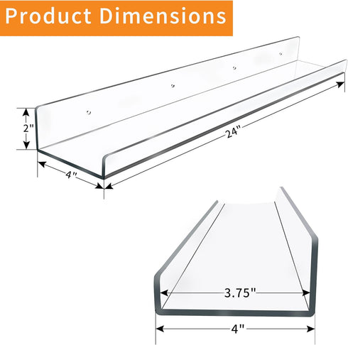 Febwind 4 Pack 24-Inch Long Clear Acrylic Floating Shelves U Shape Wall Shelf for Book Display Makeup Product Spice