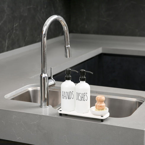 Set MOMEEMO White Soap Dispenser Comes with Stainless Steel Pumps, Instant Dry Tray, and Dish Scrub Brush, Suitable