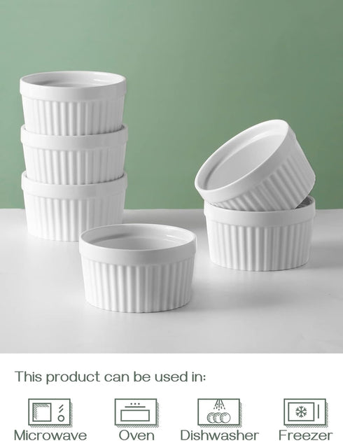 DOWAN 6 oz Ramekins - Oven Safe Ceramic Bowls for Creme Brulee Souffle, Set of 6, Classic White