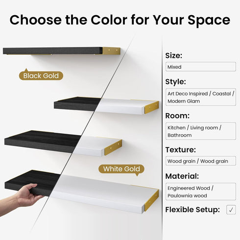 GoldSet 3) BAYKA Wall Shelves for Bedroom Decor, Floating Wall Shelves for Living Room Kitchen Storage, Wall Mounted