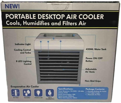 Portable Air Cooler, Air Conditioner, Evaporative Mini Air Cooler with 3 Speeds, 7 Colors. Desktop Cooling fan.