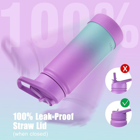 Mininoo Kids Water Bottle for School, 16oz Stainless Steel Insulated with Straw Lid, 2 Pack for Girls, Boys