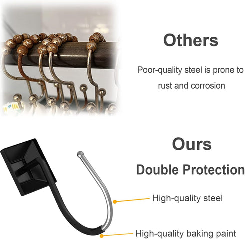 GILLAS Set of 12 Decorative Shower Curtain Hooks - Rust Resistant Square Rings for Bathroom, Black