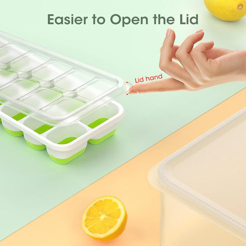 DOQAUS Ice Cube Tray with Lid and Bin, 4 Pack Silicone Plastic Ice Cube Trays with Ice Box and Ice Scoop