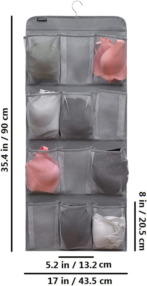Dual Sided Hanging Shoe Organizer for Closet | Rotating Hanger with 24 Large Pockets (Grey-Mesh Pockets)