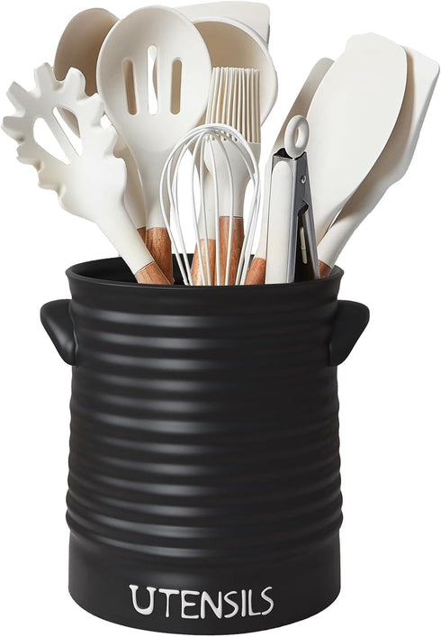 Kitchen Utensil Holder for Countertop, 6.4" Large Ceramic Crock with Cork Mat, Modern Spatula Organizer