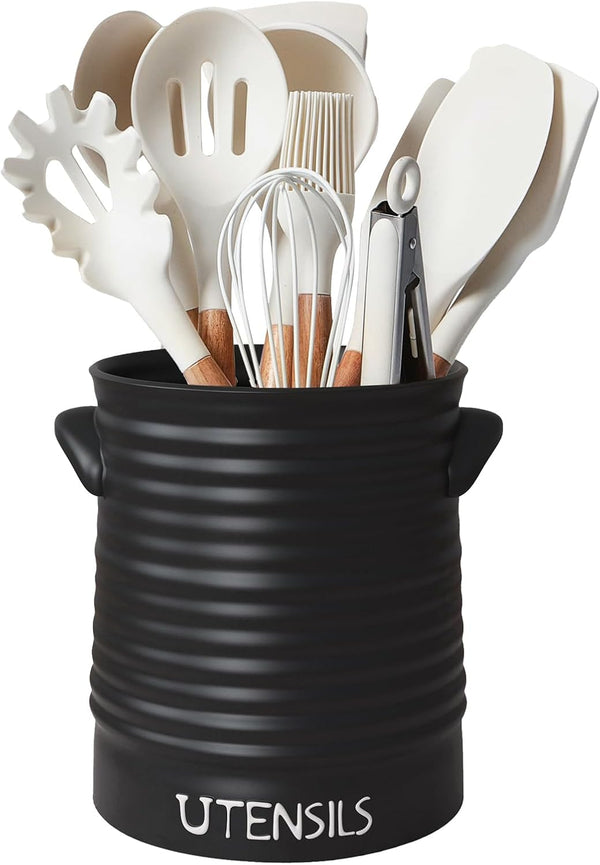 Kitchen Utensil Holder for Countertop, 6.4" Large Ceramic Crock with Cork Mat, Modern Spatula Organizer