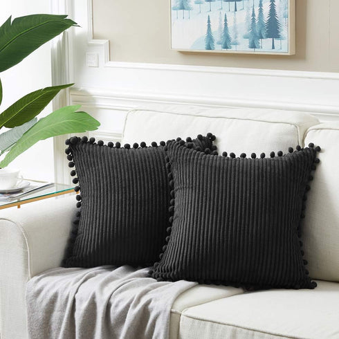 Fancy Homi Pack of 2 Black Lumbar Decorative Throw Pillow Covers with Pom-poms, Soft Corduroy Solid Rectangle Cushion