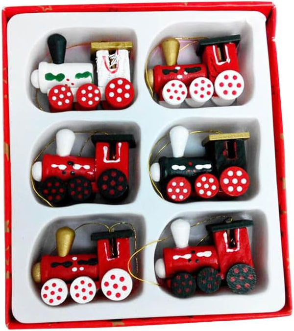 YeahiBaby 6pcs Wooden Christmas Train Set, Mini Painted Train Head Christmas Tree Hanging