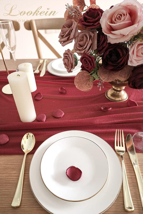 Lookein Burgundy Chiffon Table Runner 10 Feet, Sheer Wedding Table Cloth 29x120 Inches Rustic Decorations