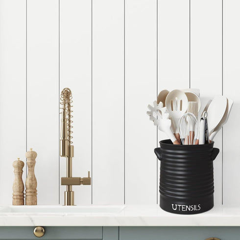 Kitchen Utensil Holder for Countertop, 6.4" Large Ceramic Crock with Cork Mat, Modern Spatula Organizer