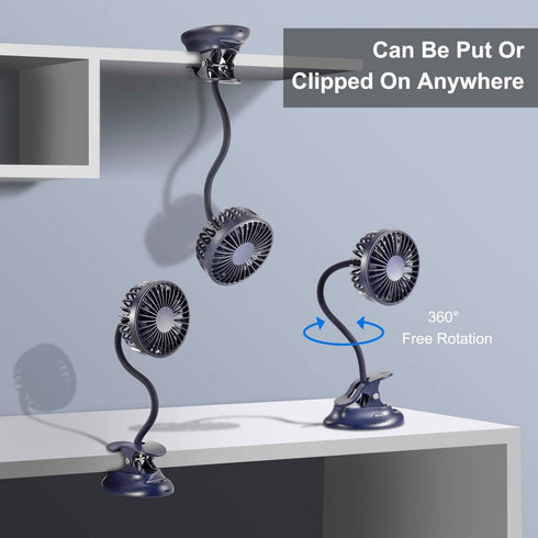 Clip on Fan USB Battery Operated Desk Clip Fan with Emergency Power Bank, Rechargeable Personal Fan, Navy Blue