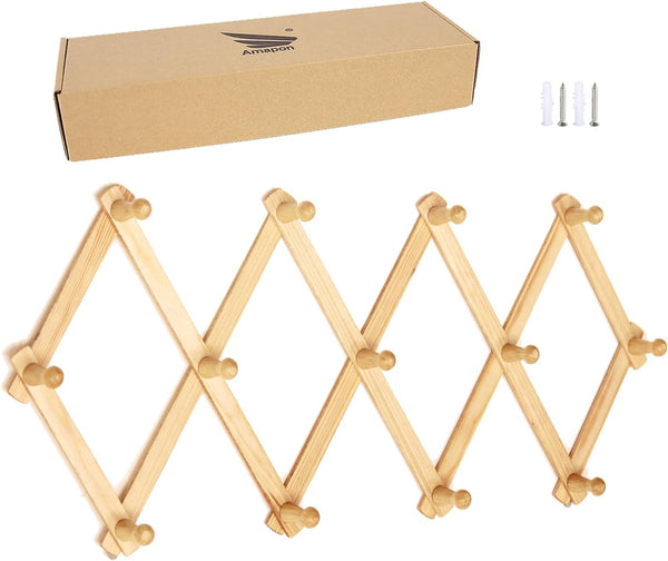 AMAPON Accordion Style Expandable Wall Wooden Coat Rack 13 Hooks for Hats, Jackets, Coffee Mug, Purses