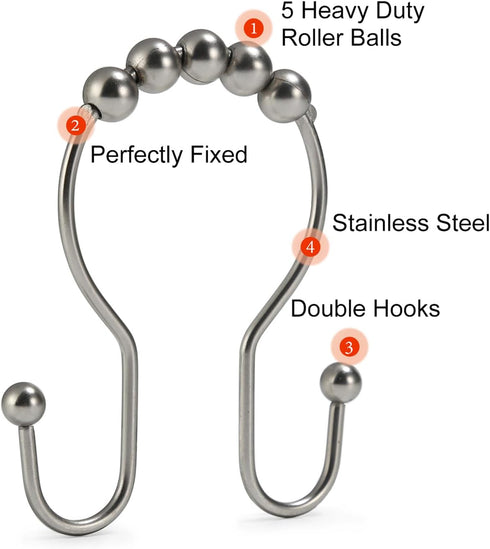 Goowin 12 Pcs Stainless Steel Shower Curtain Hooks, Rust Proof Rings for Smooth Sliding Anti-Drop Double Hooks