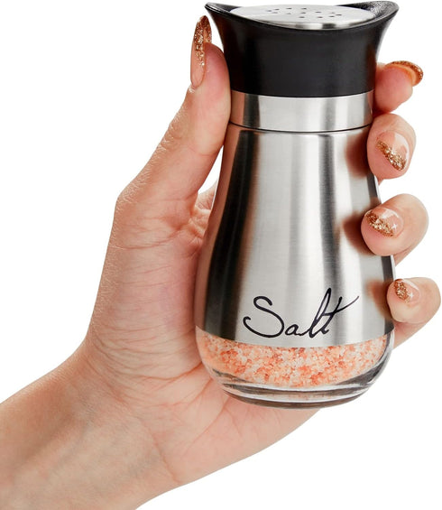 Set Counter (4oz) Stainless Steel Salt and Pepper Shaker with Glass Bottom, Perforated "S" and "P" Caps - Modern