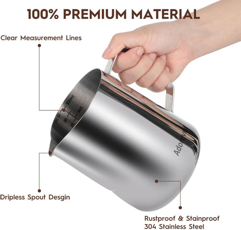 32oz Milk Frothing Pitcher, Stainless Steel Steaming Jug for Coffee Bar, Cappuccino Tools with Latte Art Pen