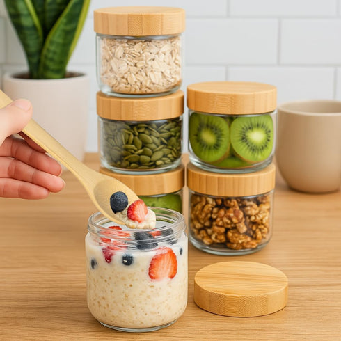 12 Pack 10oz TBWIND Glass Jars with Bamboo Lids, Spoons, Airtight Overnight Oats Containers, Salad & Yogurt Storage