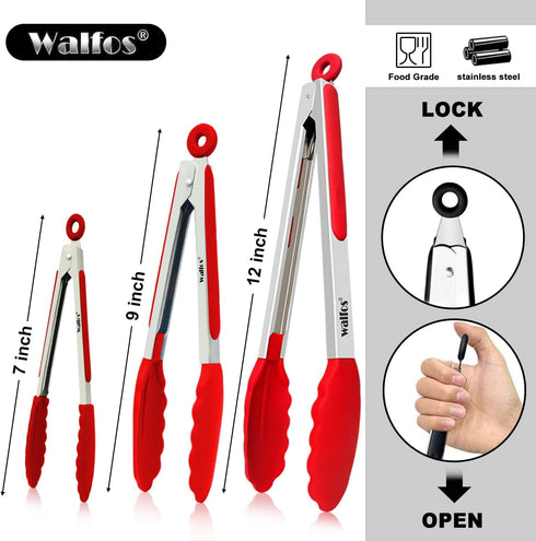 Walfos Kitchen Tongs, 7" 9" and 12" Heat Resistant Cooking Tongs, Stainless Steel and BPA Free Silicone Tips, Set of 3