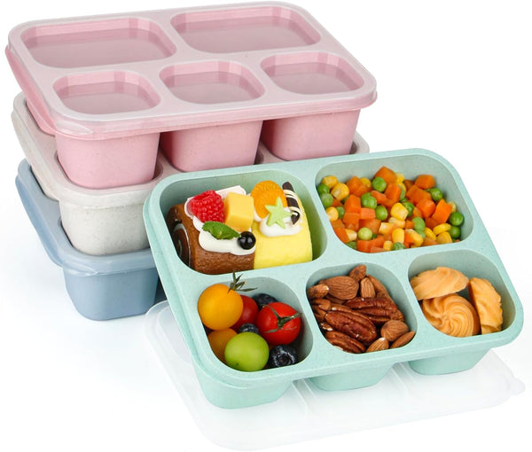 Bento Lunch Boxes, Reusable 5-Compartment Food Containers for Adults, Set of 4 (Wheat)