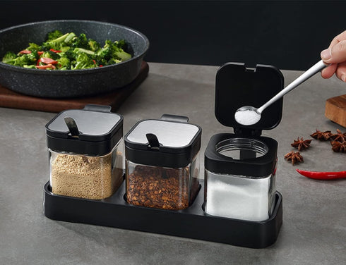 Glass Condiment Jar Spice Container Set with Lids and Spoons, Square Clear Seasoning Bowls for Kitchen Countertop