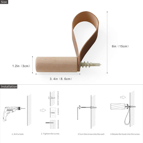 Wooden Hooks with Leather for Wall Mounted Single Hangers, Handmade Craft for Coats, Hat, Bags Rack (3pcs, Oak)