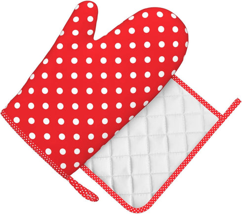 Polka Dot Oven Mitts and Pot Holders Set, Red and White, Heat Resistant Kitchen Gloves