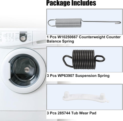 Washing Machine Kit 1 Pcs W10250667 Counterbalance Suspension Spring and 3 Pcs WP63907 Suspension Spring and 3 Pcs 285744 Tub Wear Pad