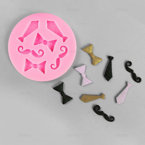 AUEAR Set of 4 Mini Bow-Ties Necktie Mustache Silicone Mold for Fondant Cake, Chocolate, Baking Tools, Pink