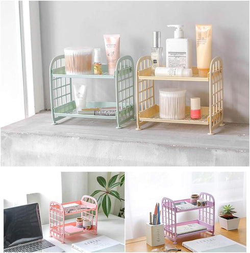 UnnFiko 2-Layers Table Shelf Organizer, Adjustable Plastic Storage Rack Shelf for Desk Stand Table Storage (Green)