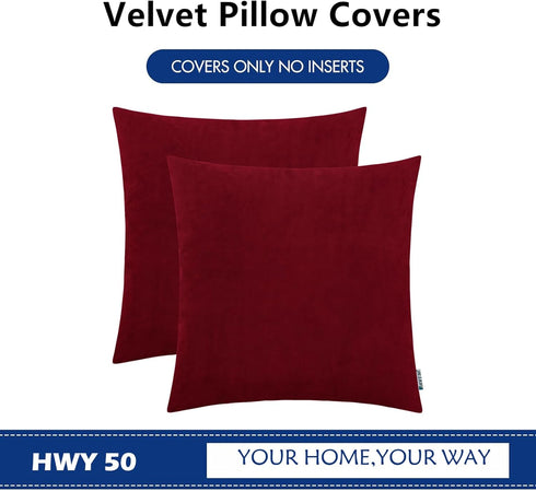 HWY 50 Burgundy Red Velvet Throw Pillow Covers, 20x20 Inch, Pack of 2 Soft Cozy Decorative Cushion Cases