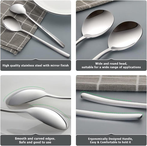 Set of 6 Korean Soup Spoons, Stainless Steel with Long Handles, 8 Inch Flatware for Home or Restaurant