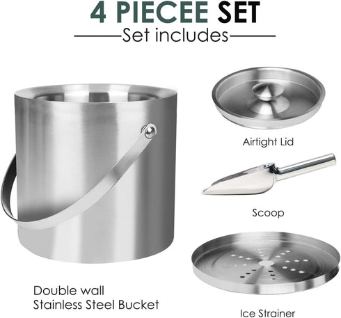 NBNSTHV 3L Double-Wall Insulated Stainless Steel Ice Bucket with scoop for Cocktail Bar - Metal Ice Bucket for freezer