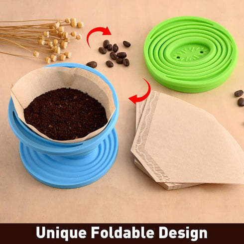 Abnaok Set of 2 Collapsible Pour Over Coffee Dripper, Silicone Reusable Cone Filter Holder with 40Pcs Paper Filters for