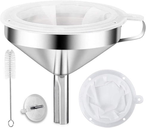 Kitchen Funnel for Filling Bottles, 304 Stainless Steel Food Funnels with Strainer and 200 Mesh Filter Set