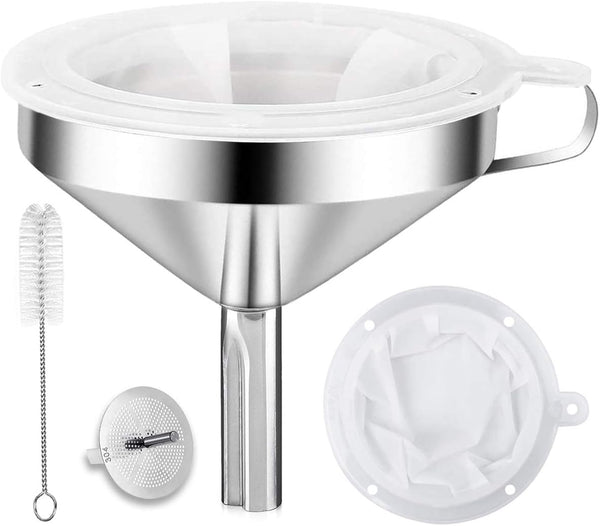Kitchen Funnel for Filling Bottles, 304 Stainless Steel Food Funnels with Strainer and 200 Mesh Filter Set