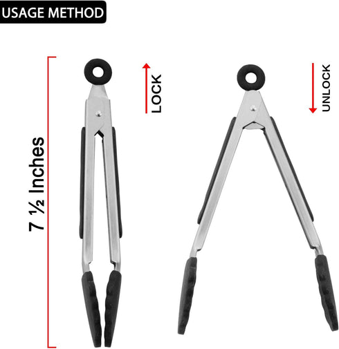 Small Serving Tongs with Silicone Tips, 7 Inch Mini Stainless Steel Food Tongs, Set of 3 (Black)