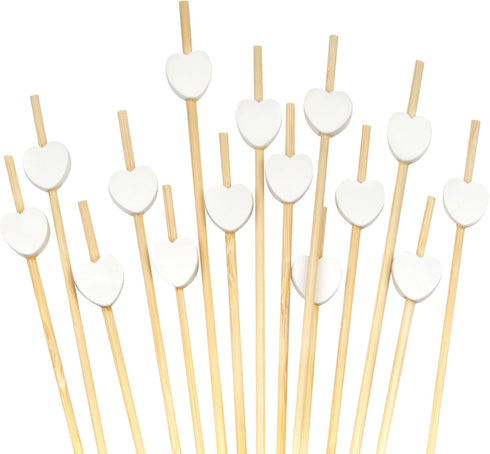 BambooMN 7.1" Decorative White Heart Bamboo Cocktail Picks, 100 Pieces for Events, Holidays, Parties